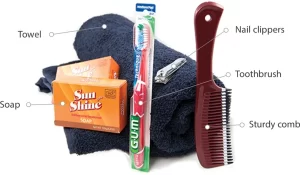 Soap, towels, toothbrushes and combs